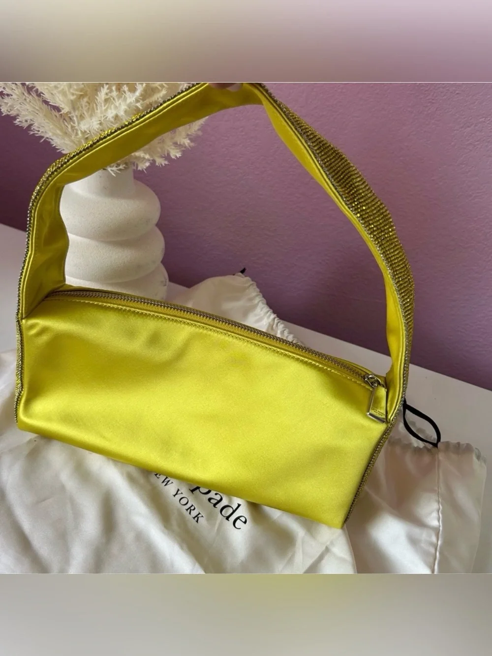 kate spade Yellow Satin Shoulder Bag with Crystal-Trim Strap - Y2K baby! NWOT